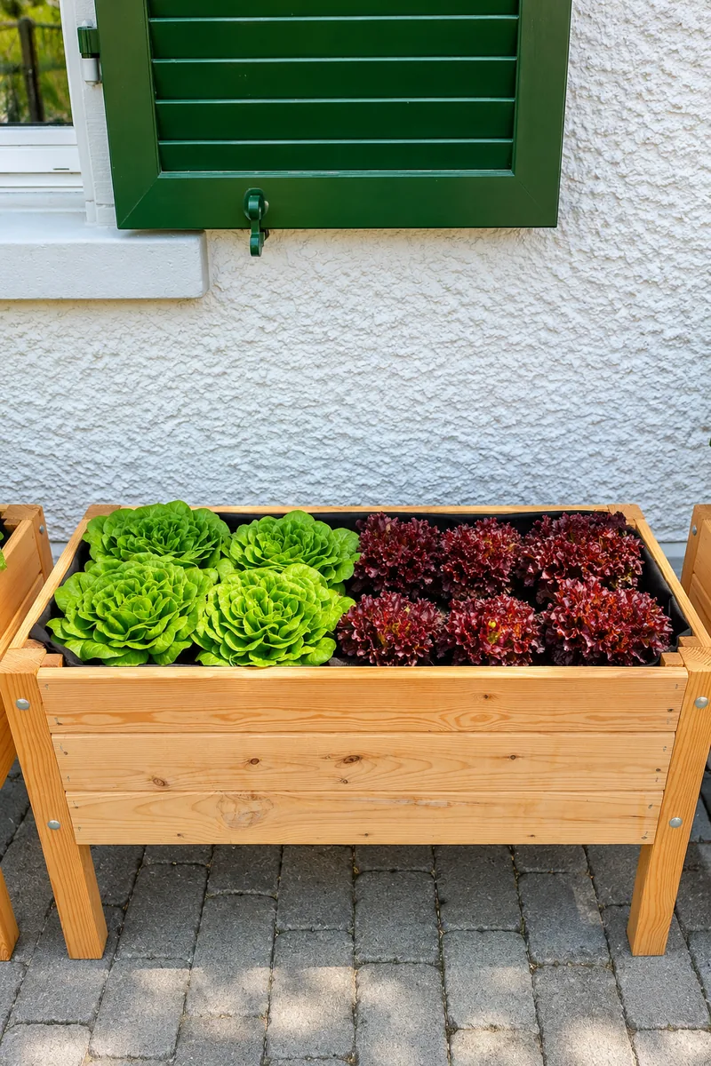 Grüner und roter Salat im Hochbeet
