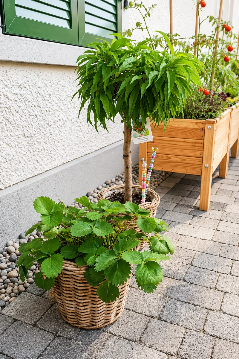 Erdbeerpflanzen in Körben