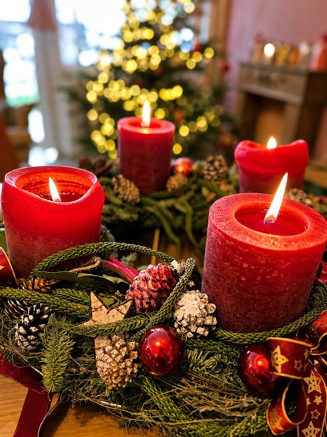 Adventskranz mit roten Kerzen